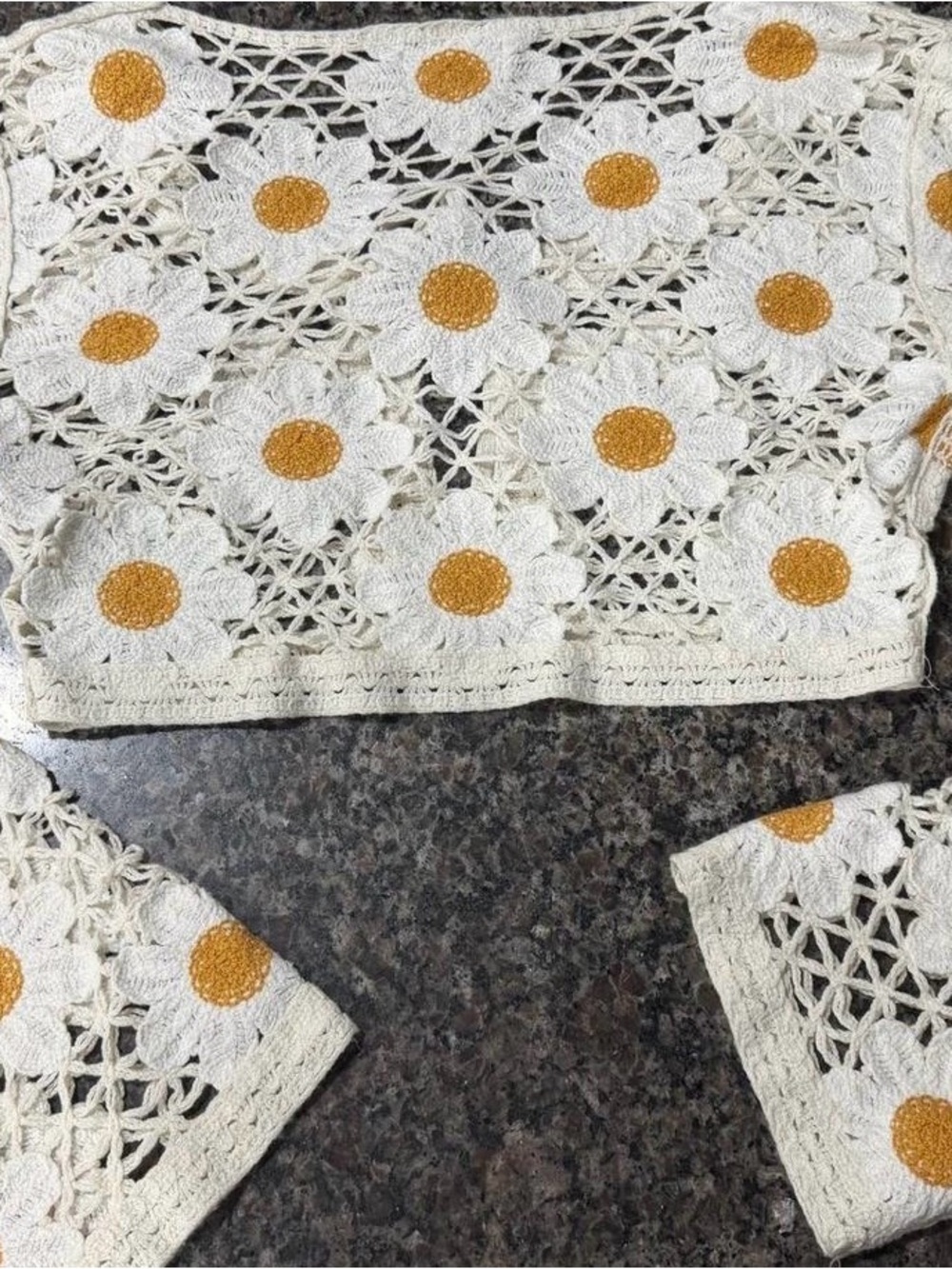 Jessica Simpson Cream Crochet Cardigan Crop with Daisy Mustard Centers